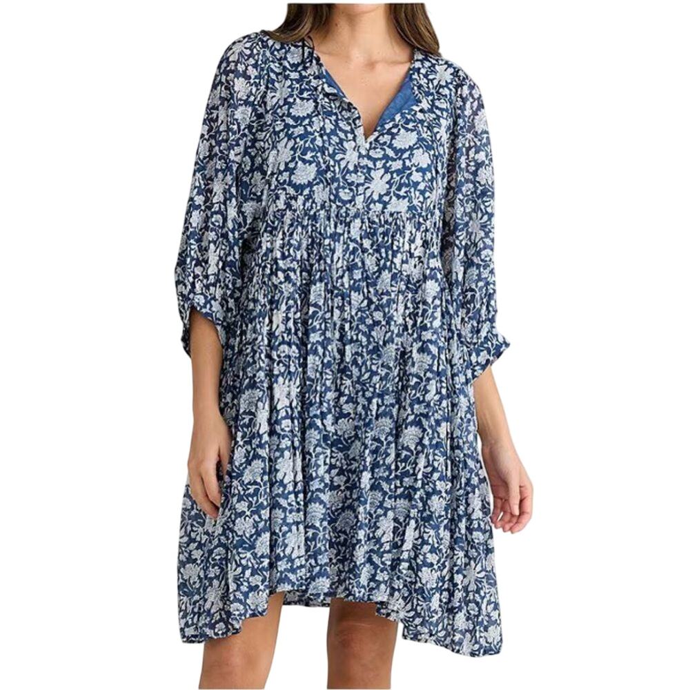 Talisman Wisteria A-Line Split V-Neck 3/4 Sleeve Moon River Print Dress Size L